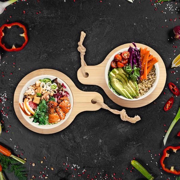2er Set stilvolle Tapas-Schalen aus Keramik, auf Bambus Servierbrett, Ø 7,5 x 9 cm – Modern & elegant, ideal für Vorspeisen, Saucen & Dips