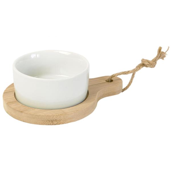 2er Set stilvolle Tapas-Schalen aus Keramik, auf Bambus Servierbrett, Ø 7,5 x 9 cm – Modern & elegant, ideal für Vorspeisen, Saucen & Dips