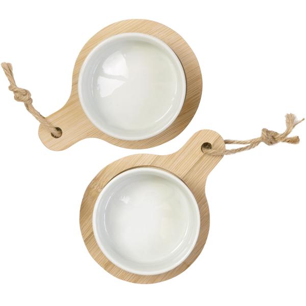 2er Set stilvolle Tapas-Schalen aus Keramik, auf Bambus Servierbrett, Ø 7,5 x 9 cm – Modern & elegant, ideal für Vorspeisen, Saucen & Dips
