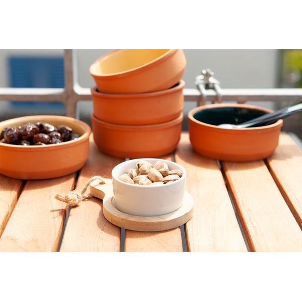 2er Set stilvolle Tapas-Schalen aus Keramik, auf Bambus Servierbrett, Ø 7,5 x 9 cm – Modern & elegant, ideal für Vorspeisen, Saucen & Dips