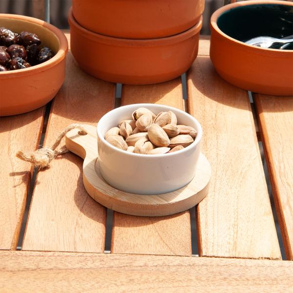 2er Set stilvolle Tapas-Schalen aus Keramik, auf Bambus Servierbrett, Ø 7,5 x 9 cm – Modern & elegant, ideal für Vorspeisen, Saucen & Dips