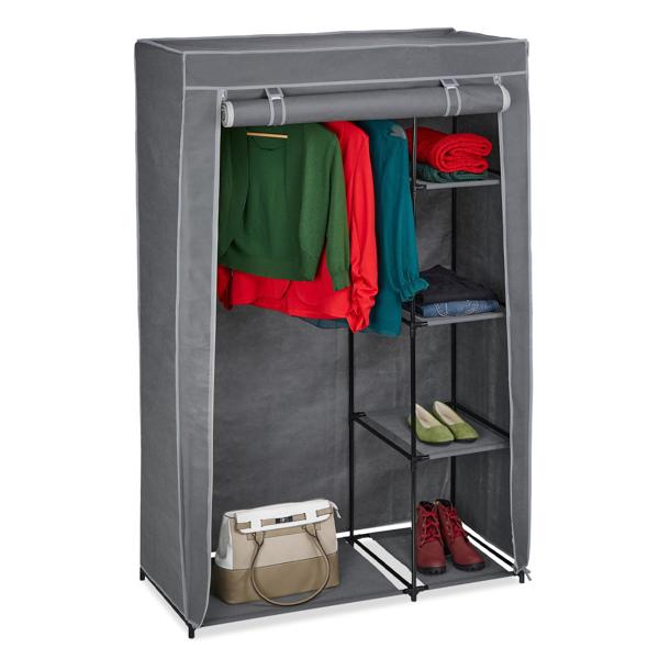 Stoffschrank aus Vlies Grau - Kleiderstange & 5 Ablageböden für Umzug/Saisonkleidung - Metallgestell - 161x105,5x45 cm - Staubdicht mit Reissverschluss