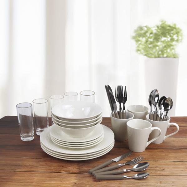 Geschirr-Set 36-tlg. - Porzellangeschirr, Gläser & Besteck - Weiss, Taupe Griffe - Hochwertiges Dinner-Set für Einladungen & Einzug