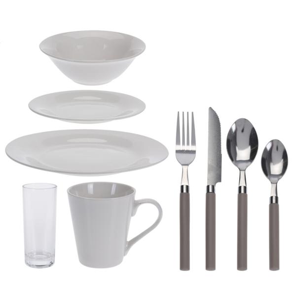 Geschirr-Set 36-tlg. - Porzellangeschirr, Gläser & Besteck - Weiss, Taupe Griffe - Hochwertiges Dinner-Set für Einladungen & Einzug