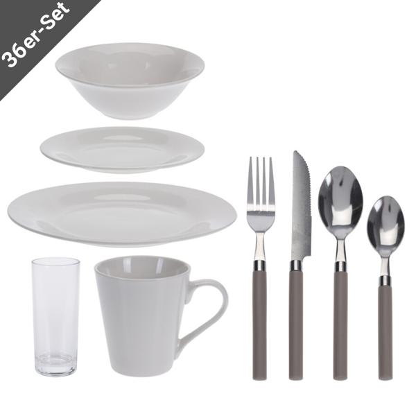 Geschirr-Set 36-tlg. - Porzellangeschirr, Gläser & Besteck - Weiss, Taupe Griffe - Hochwertiges Dinner-Set für Einladungen & Einzug