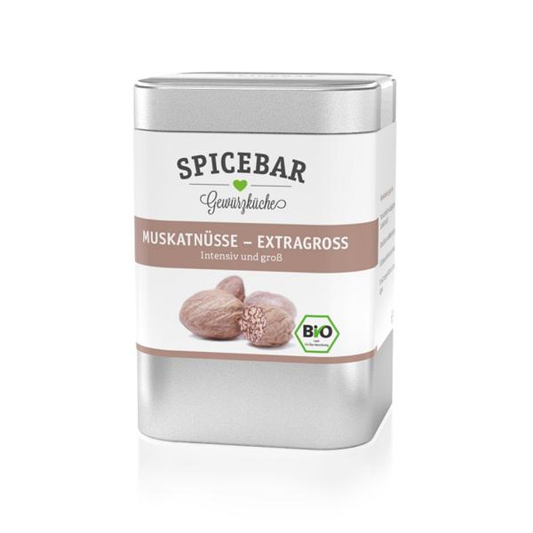 Spicebar Muskatnüsse ganz bio - 60g 9-12 extra grosse Exemplare - Intensiv-würzig für Kartoffel- & Schmorgerichte, Kuchen, indische Küche