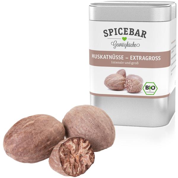 Spicebar Muskatnüsse ganz bio - 60g 9-12 extra grosse Exemplare - Intensiv-würzig für Kartoffel- & Schmorgerichte, Kuchen, indische Küche