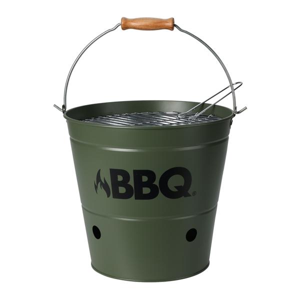 Grilleimer aus Metall - tragbarer Campinggrill mit Henkel und Rost - doppelwandig, Belüftungslöcher, grün, Ø 26,5x25cm - für Garten, Picknick