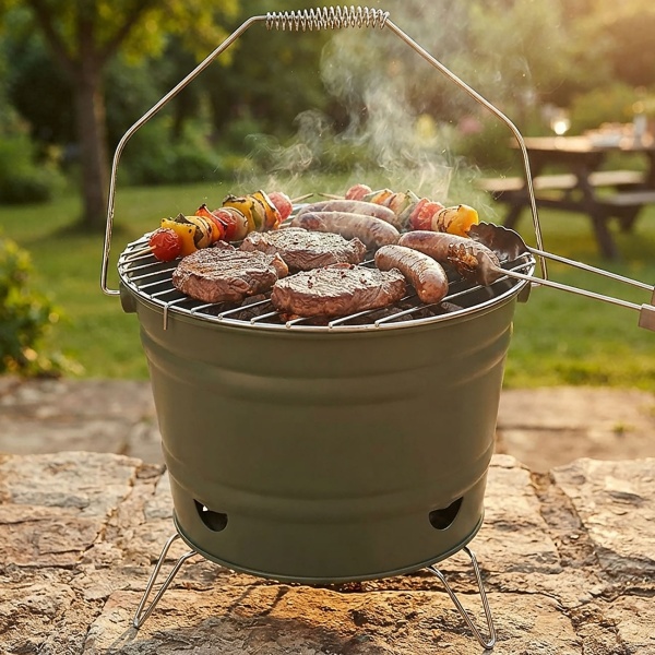 Holzkohlegrill aus Metall, Balkongrill mit Henkel, grün, 27 x 22 cm