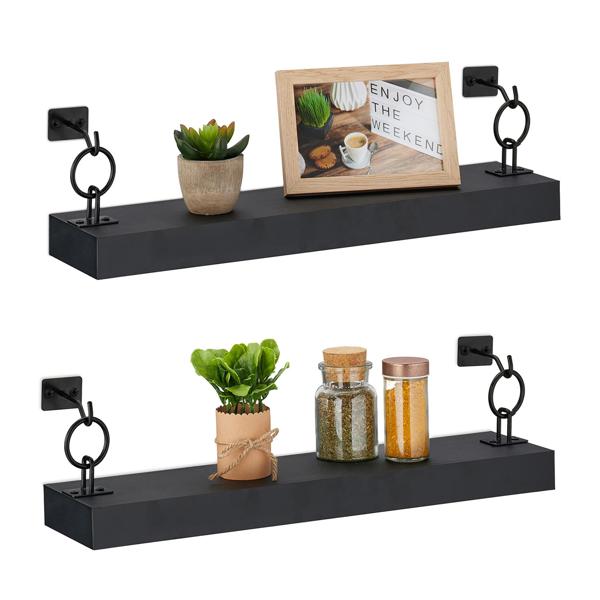 Schweberegale 2er-Set Industrial - Wandregale aus Holz & Eisen für Wohnzimmer Bad Küche - Schwarz 13x48x12cm - Max. 6kg Traglast - Einfache Montage