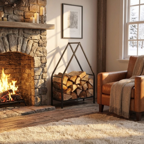 Elegantes Metall Kaminholzregal "Haus" (50x32x80cm): Schwarzer Kaminholzständer, stilvolle Brennholzaufbewahrung und perfektes Stapeln