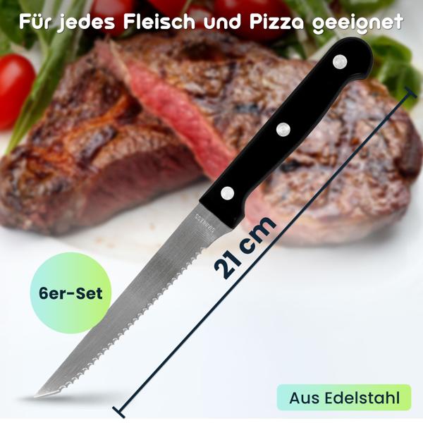 Hochwertige Steakmesser, 6er-Set aus Edelstahl, Grillmesser mit gezackten Klingen, Länge 21 cm, ideal auch für Pizza und BBQ