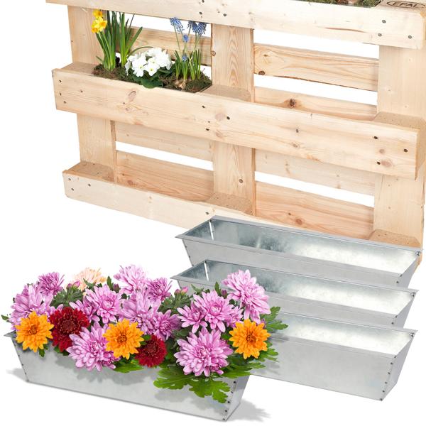 4er-Set Hochwertiger Pflanzkasten - Einsatz für Europaletten, Blumenkübel aus verzinktem Metall, 38,5 x 13,5 x 8,5 cm, zum Bepflanzen und Dekorieren