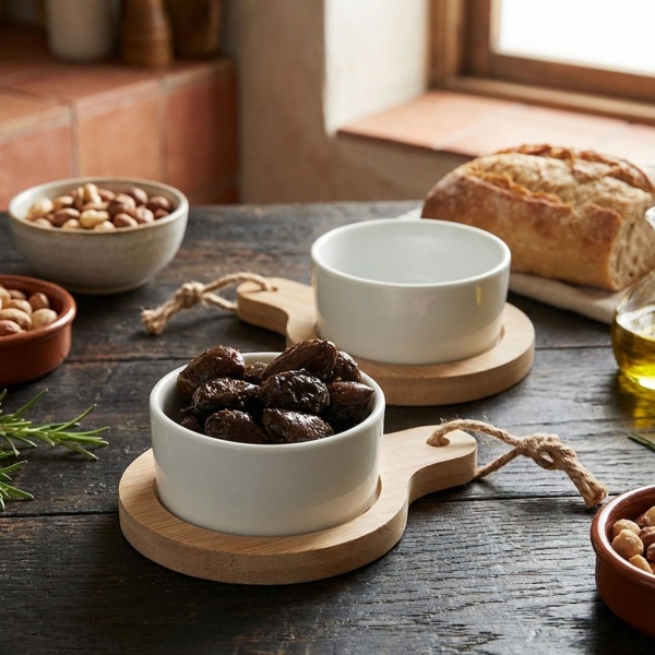 4er Set stilvolle Tapas-Schalen aus Keramik, auf Bambus Servierbrett, Ø 7,5 x 9 cm – Modern & elegant, ideal für Vorspeisen, Saucen & Dips