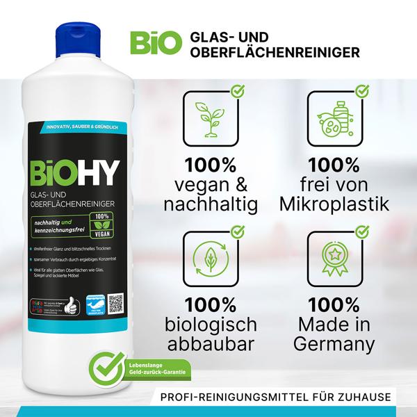 Glas- und Oberflächenreiniger - 100% vegan - nachhaltig - kennzeichnungsfrei - 1 Liter Konzentrat - Made in Germany - für streifenfreien Glanz