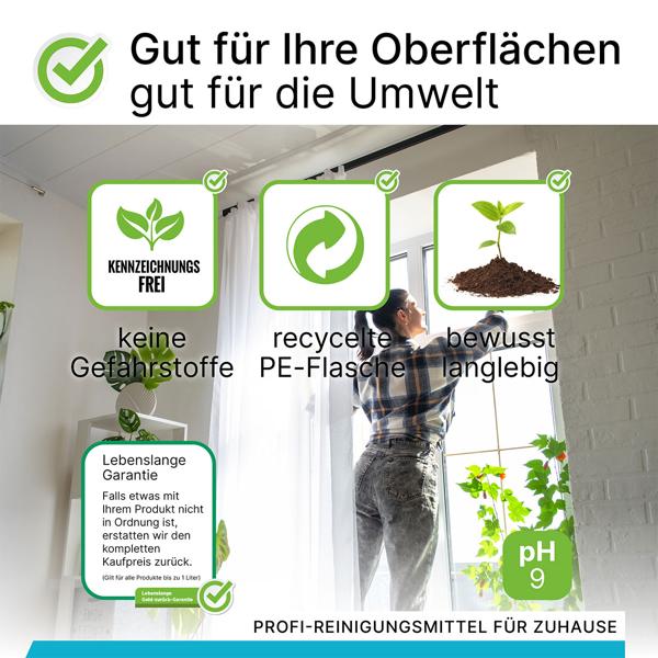 Glas- und Oberflächenreiniger - 100% vegan - nachhaltig - kennzeichnungsfrei - 1 Liter Konzentrat - Made in Germany - für streifenfreien Glanz