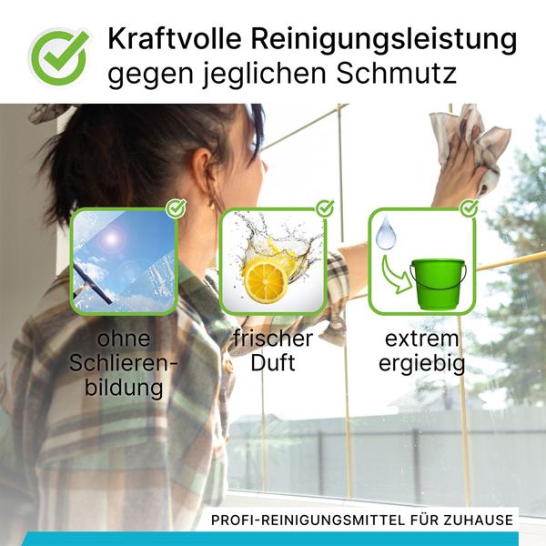 Glas- und Oberflächenreiniger - 100% vegan - nachhaltig - kennzeichnungsfrei - 1 Liter Konzentrat - Made in Germany - für streifenfreien Glanz