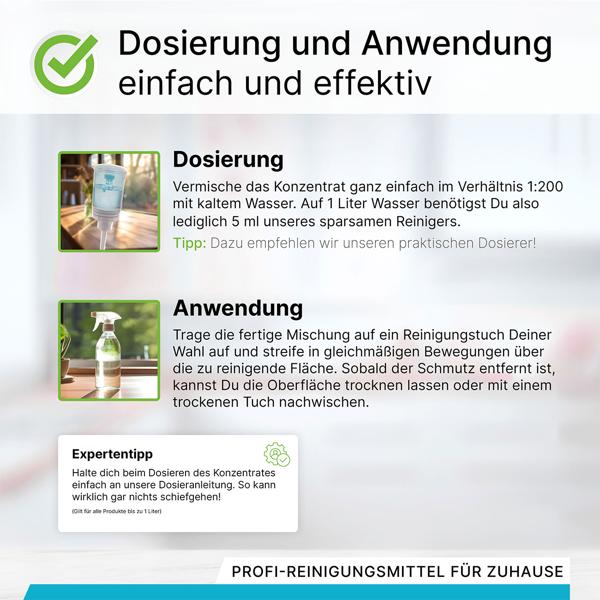 Glas- und Oberflächenreiniger - 100% vegan - nachhaltig - kennzeichnungsfrei - 1 Liter Konzentrat - Made in Germany - für streifenfreien Glanz