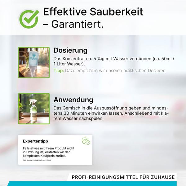 Abflussreiniger 1L - vegan & nachhaltig gegen hartnäckige Verstopfungen & Gerüche - Haarlöse-Formel - Made in Germany für Dusche, Küche & Waschbecken