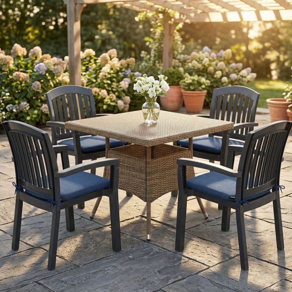 4er-Set Stuhlkissen 46x48 cm Kobalt-Blau - Bequeme Sitzkissen für Esszimmer & Gartenstühle - 4,5 cm Dicke - UV-Schutz - Mit Befestigungsbändern - SG-20 Füllung
