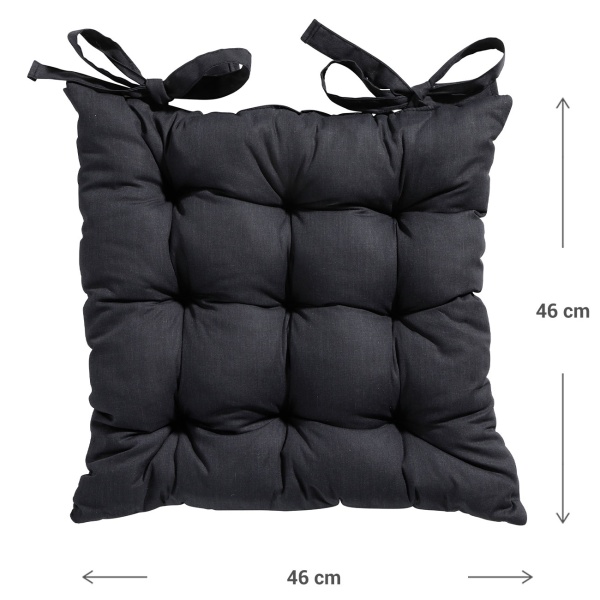 Stuhlkissen mit Steppung 46x46 cm Schwarz - Bequeme Sitzkissen für Küchen- & Gartenstühle - 8 cm Dicke - UV-Schutz - Mit Befestigungsbändern