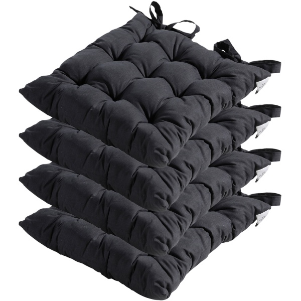4er-Set Stuhlkissen mit Steppung 46x46 cm Schwarz - Bequeme Sitzkissen für Küchen- & Gartenstühle - 8 cm Dicke - UV-Schutz - Mit Befestigungsbändern
