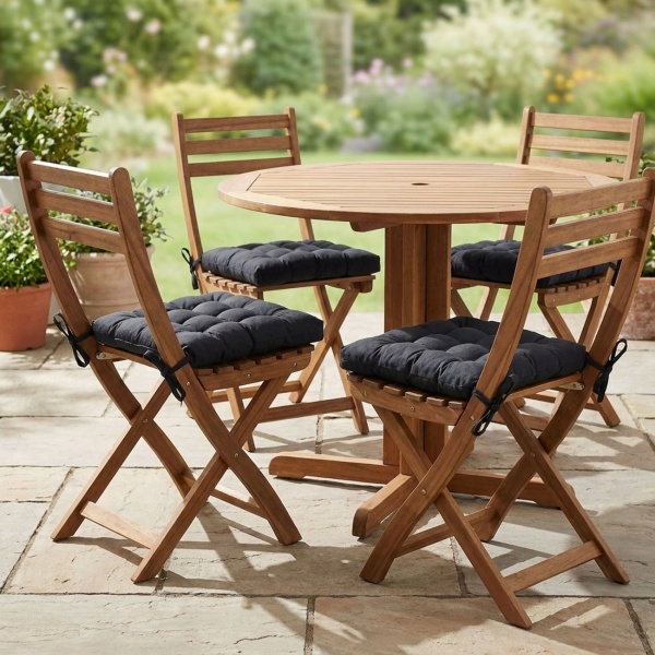 4er-Set Stuhlkissen mit Steppung 46x46 cm Schwarz - Bequeme Sitzkissen für Küchen- & Gartenstühle - 8 cm Dicke - UV-Schutz - Mit Befestigungsbändern