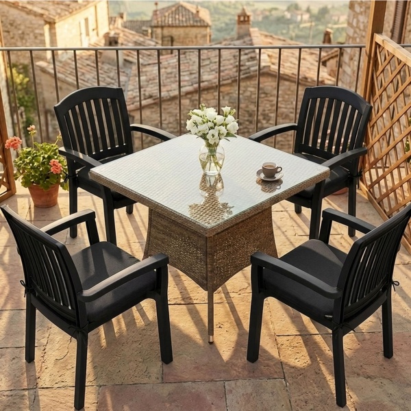 4er-Set Stuhlkissen 46x48 cm Schwarz - Bequeme Sitzkissen für Esszimmer & Gartenstühle - 4,5 cm Dicke - UV-Schutz - Mit Befestigungsbändern - SG-20 Füllung