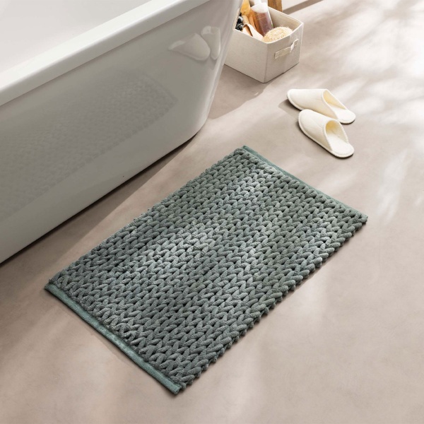 Premium Badmatte 80x50 cm in Zederngrün - Flauschiger Duschvorleger mit Relief-Strick-Optik - Rutschfester Badteppich aus Baumwollmix