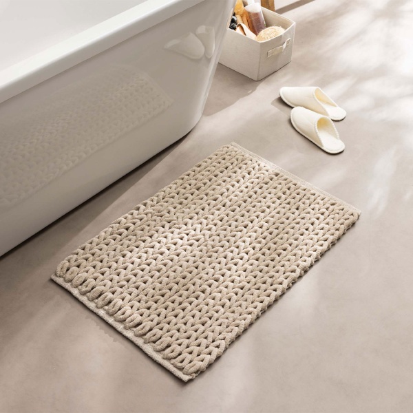 Premium Badmatte 80x50 cm in Sand - Flauschiger Duschvorleger mit Relief-Strick-Optik - Rutschfester Badteppich aus Baumwollmix