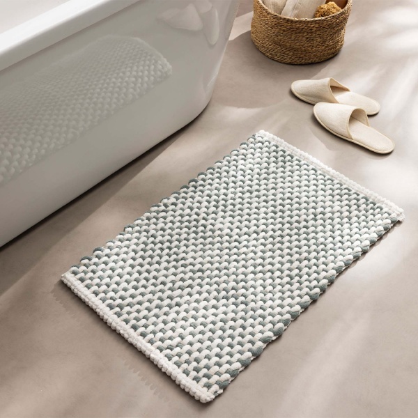 Badmatte 80x50 cm in Grün-Weiss - Weicher Duschvorleger aus Chenille-Gewebe in Strick-Optik - Rutschfester Badteppich mit Baumwoll-Anteil