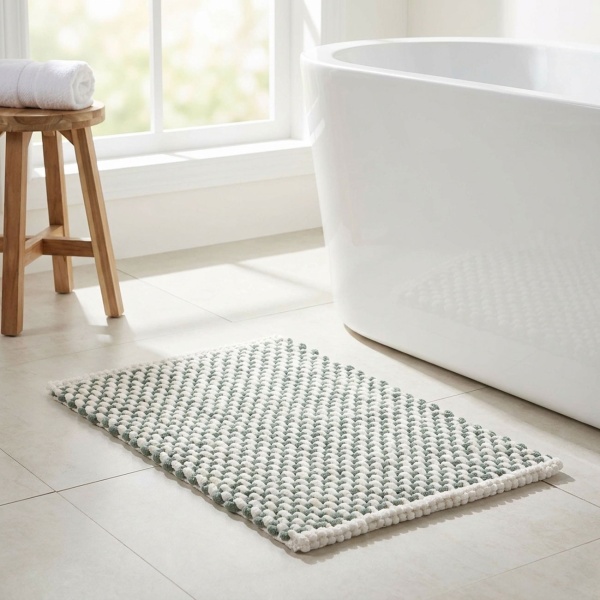Badmatte 80x50 cm in Grün-Weiss - Weicher Duschvorleger aus Chenille-Gewebe in Strick-Optik - Rutschfester Badteppich mit Baumwoll-Anteil