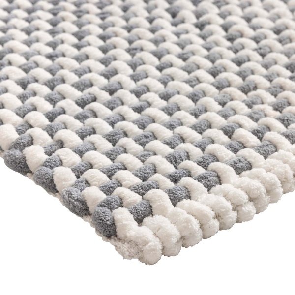 Badmatte 80x50 cm in Grau-Weiss - Weicher Duschvorleger aus Chenille-Gewebe in Strick-Optik - Rutschfester Badteppich mit Baumwoll-Anteil