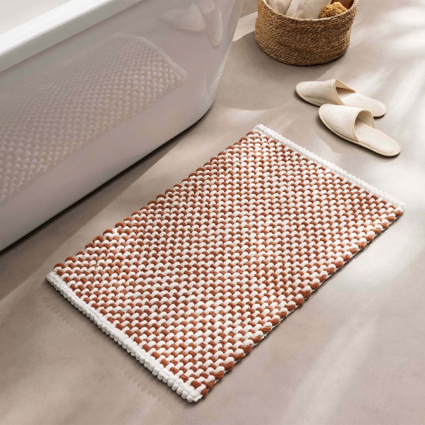 Badmatte 80x50 cm in Terrakotta-Weiss - Weicher Duschvorleger aus Chenille-Gewebe in Strick-Optik - Rutschfester Badteppich mit Baumwoll-Anteil