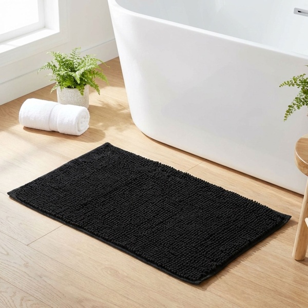 Flauschiger Badezimmerteppich 75x45 cm in Schwarz -  Rutschfester Duschvorleger mit weicher Mikrofaser-Struktur