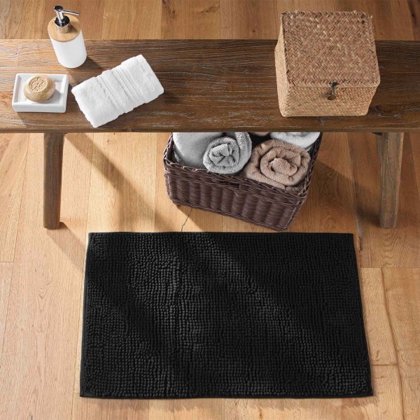 Flauschiger Badezimmerteppich 75x45 cm in Schwarz -  Rutschfester Duschvorleger mit weicher Mikrofaser-Struktur