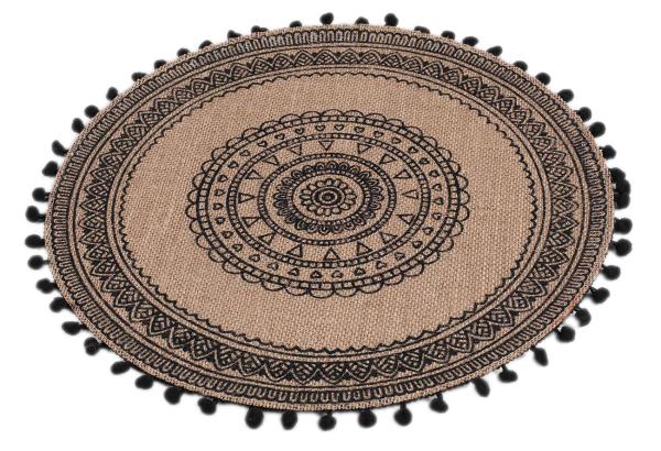 Rundes Jute Tischset mit Bommel - Kratzschutz & Dekoration für Ess- & Couchtische - Braun-Schwarz gemustert - 38x38 cm