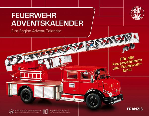 Feuerwehr Adventskalender – Baue dein eigenes Löschfahrzeug Mercedes-Benz Rundhauber mit Drehleiter - 24 Bauteile, Werkzeug & Buch