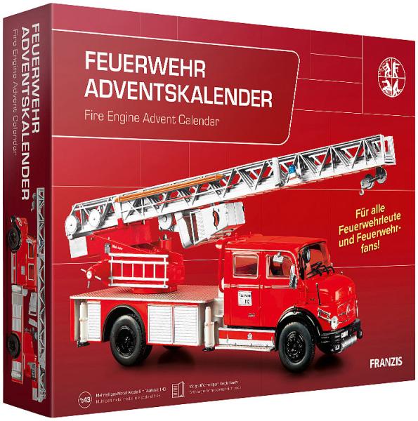 Feuerwehr Adventskalender – Baue dein eigenes Löschfahrzeug Mercedes-Benz Rundhauber mit Drehleiter - 24 Bauteile, Werkzeug & Buch