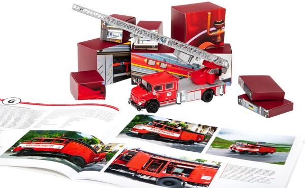 Feuerwehr Adventskalender – Baue dein eigenes Löschfahrzeug Mercedes-Benz Rundhauber mit Drehleiter - 24 Bauteile, Werkzeug & Buch