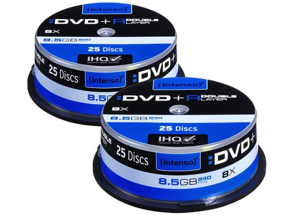 DVD+R Double Layer Rohlinge 2er-Set 25er-Spindel - 8,5 GB Speicher für überlange Filme & Daten - 8x Brenngeschwindigkeit - Kratzfest