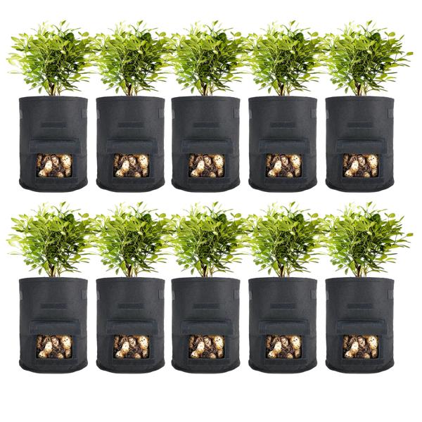 Atmungsaktive 10L Pflanzen-Wachstumssäcke aus Filz, 10er-Set, mit Tragegriffen und Sichtfenster, für Kartoffeln, Gemüse, Beeren und mehr, leicht und robust