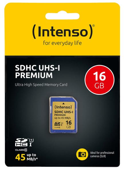 Intenso Premium SDHC Speicherkarte 16GB - Ideal für Digitalkamera, Media-Player & Full HD-Videos - UHS-I Class 10 - bis 45 MB/s Lesen