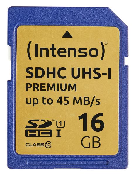 Intenso Premium SDHC Speicherkarte 16GB - Ideal für Digitalkamera, Media-Player & Full HD-Videos - UHS-I Class 10 - bis 45 MB/s Lesen