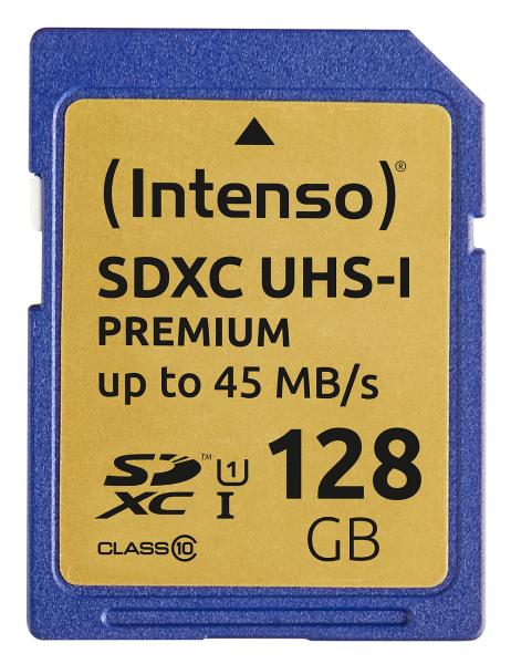 Intenso Premium SDXC-Speicherkarte 128 GB - UHS-I Class 10/U1 für Full-HD-Videos & Serienaufnahmen - 45MB/s Lesen - Kompatibel mit SDXC-Geräten