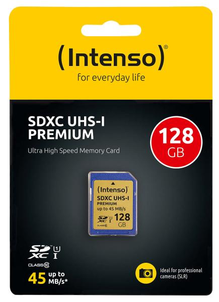 Intenso Premium SDXC-Speicherkarte 128 GB - UHS-I Class 10/U1 für Full-HD-Videos & Serienaufnahmen - 45MB/s Lesen - Kompatibel mit SDXC-Geräten