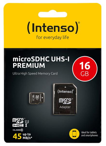 Intenso microSDHC-Speicherkarte Premium 16 GB - UHS-I Class 10/U1 für Smartphone & Kamera - 45MB/s Lesen - Inkl. SD-Adapter - Deutsch