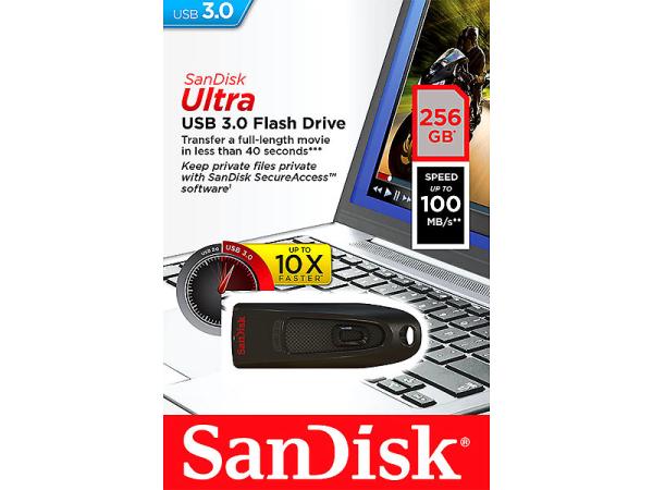 SanDisk Ultra USB-3.0-Flash-Laufwerk 256 GB - Schnelle Datenübertragung bis 100 MB/s - SecureAccess Software, 128-Bit-Verschlüsselung, USB 3.0