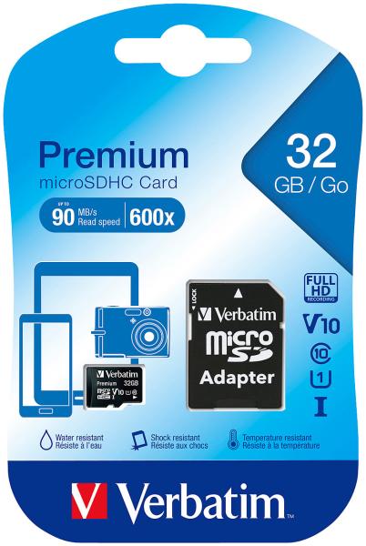 Verbatim Premium microSDHC-Speicherkarte 32 GB - Schnell 90 MB/s Lesen Class 10 U1 - Für Smartphones Tablets Kameras Dashcams - Inkl. SD-Adapter - Sicher