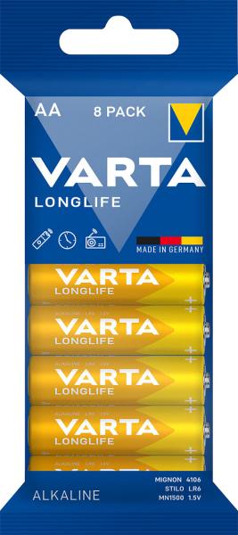 Varta Longlife Alkaline-Batterie - Typ AA / Mignon / LR6 - 1,5 Volt, 8er-Set - Langanhaltende Energie Made in Germany für Geräte mit geringem Verbrauch - Bis zu 10 Jahre lagerfähig